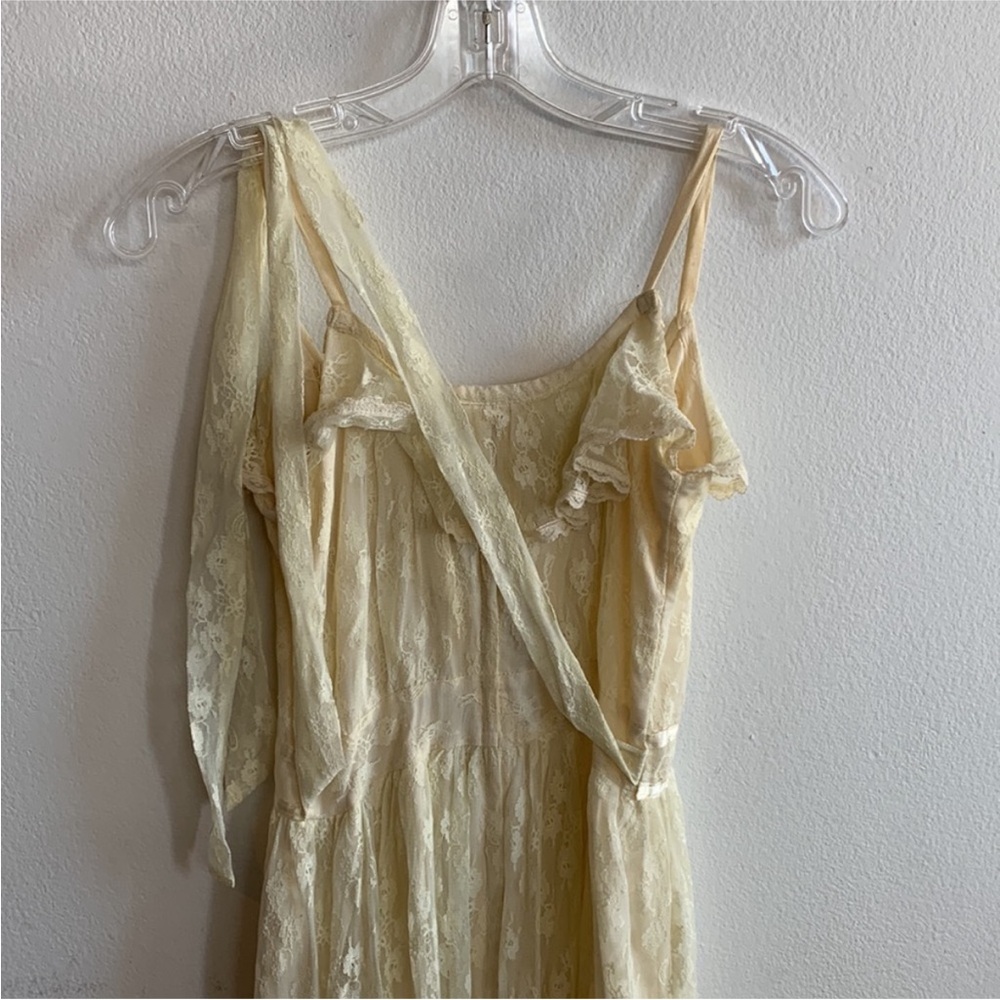 Vintage 1930s Gown Floral Lace Satin Silk Maxi Dress Ruffled Butter Yellow Cream - Picture 5 of 12